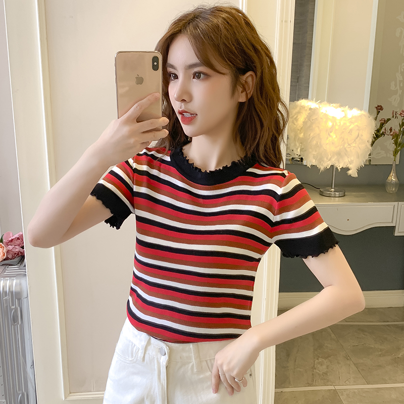 Fashion short sleeve collar stripe bottoming sweater for women