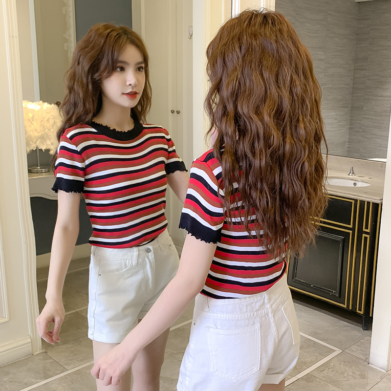 Fashion short sleeve collar stripe bottoming sweater for women