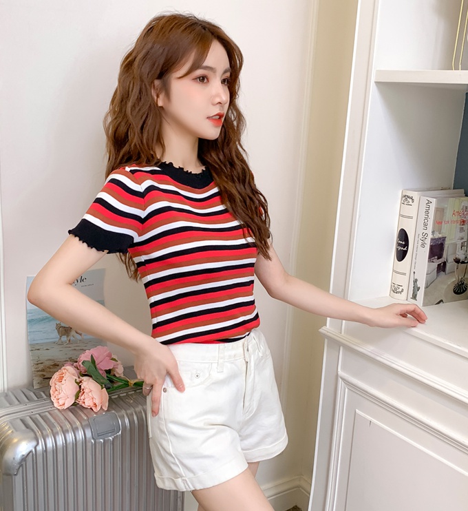 Fashion short sleeve collar stripe bottoming sweater for women