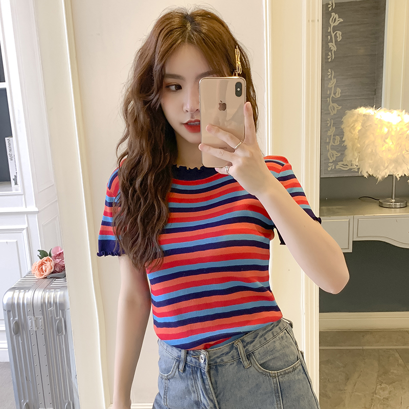 Fashion short sleeve collar stripe bottoming sweater for women