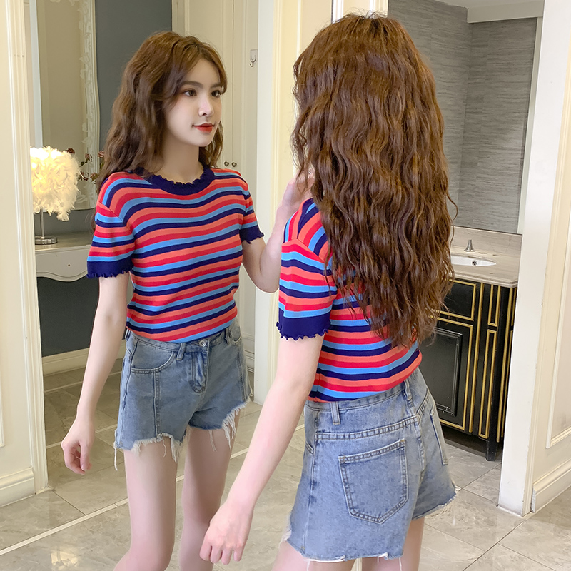 Fashion short sleeve collar stripe bottoming sweater for women