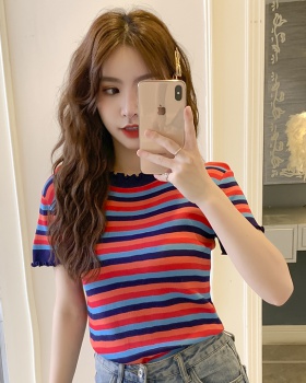 Fashion short sleeve collar stripe bottoming sweater for women