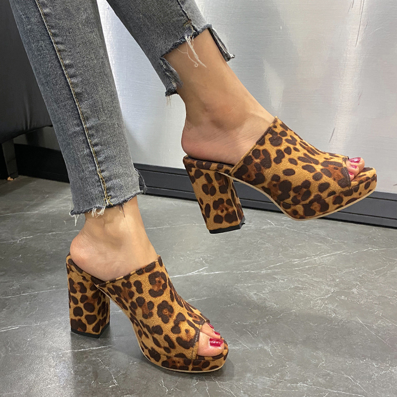 Thick high-heeled shoes leopard slippers for women