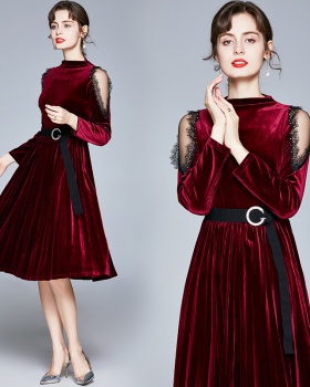 Gauze red velvet splice long sleeve dress