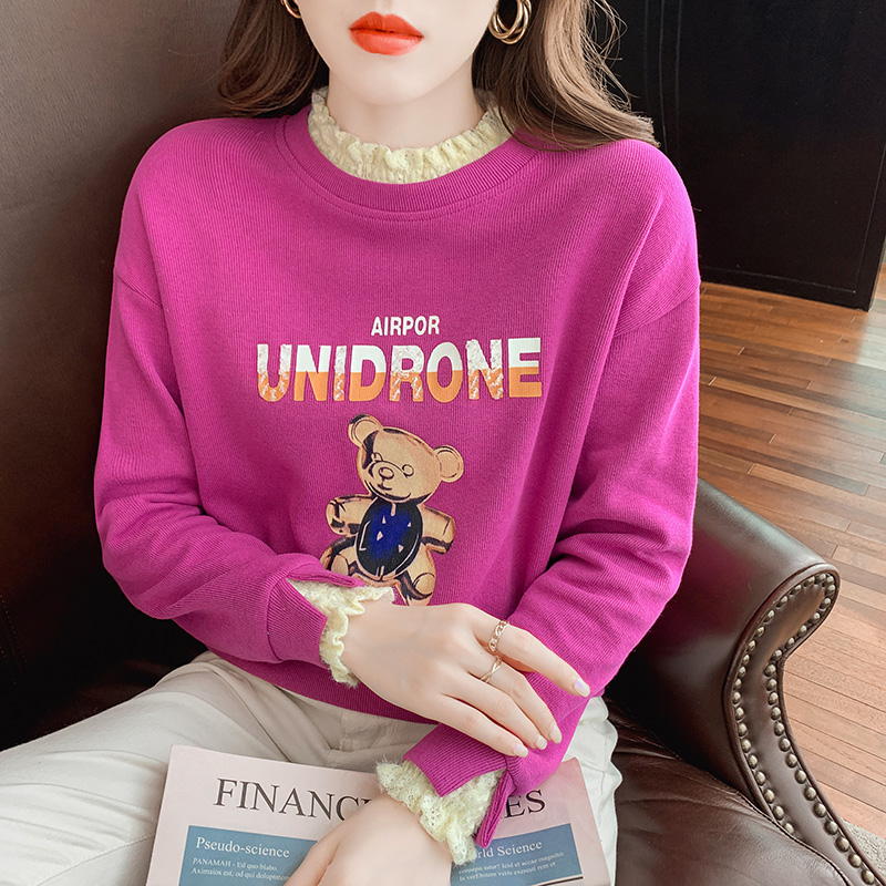 Thin Pseudo-two loose tops round neck long sleeve hoodie