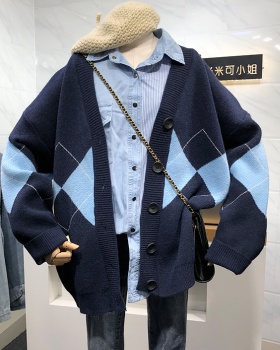 Navy-blue V-neck cardigan knitted coat for women