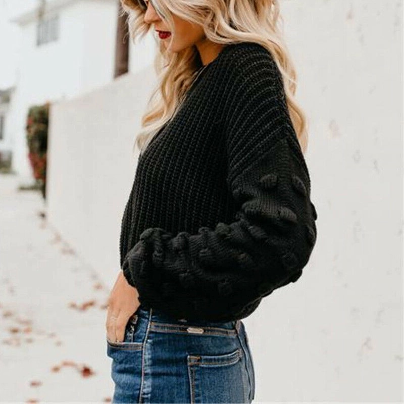 Navel knitted loose thick puff sleeve sweater