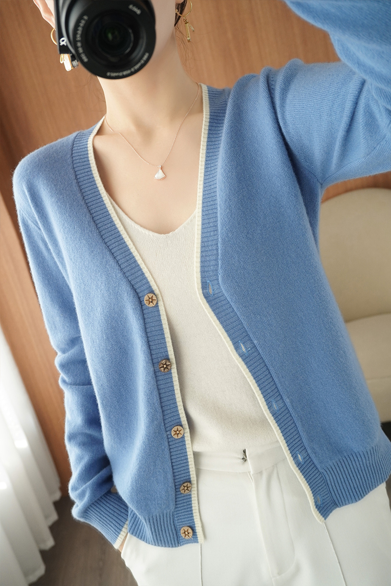 V-neck mixed colors cardigan Korean style coat for women