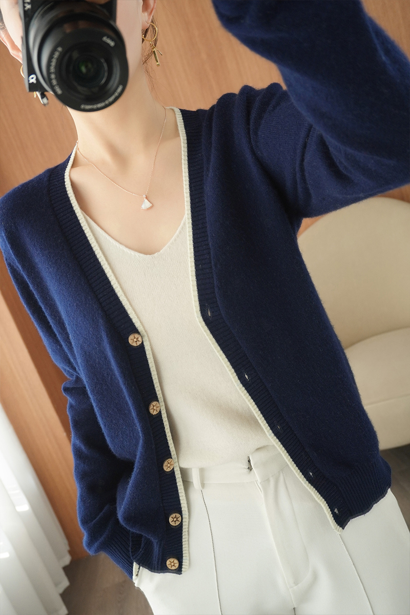 V-neck mixed colors cardigan Korean style coat for women