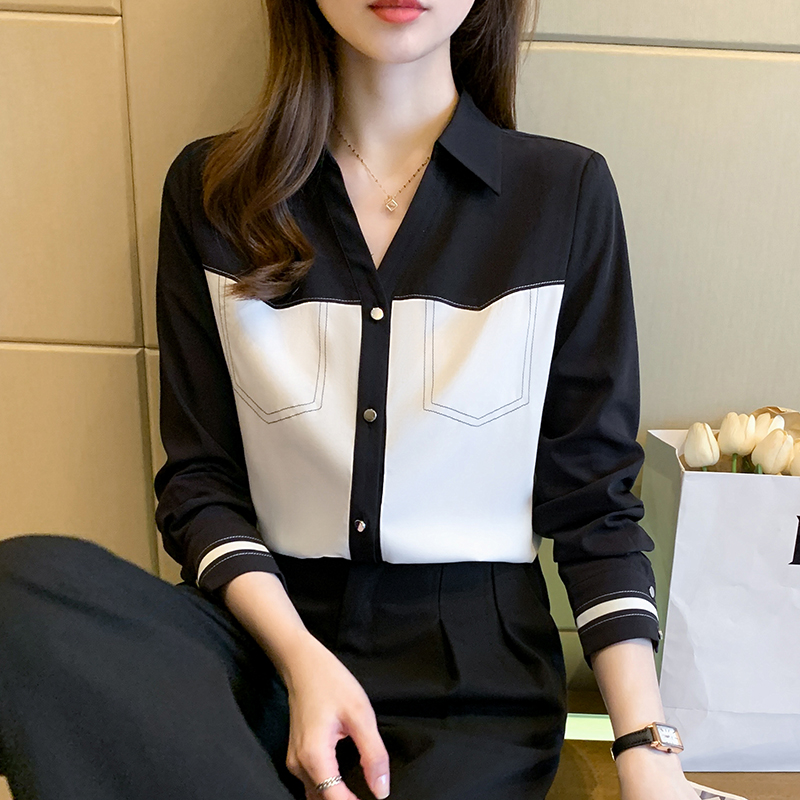 Splice autumn long sleeve tops chiffon profession shirt for women