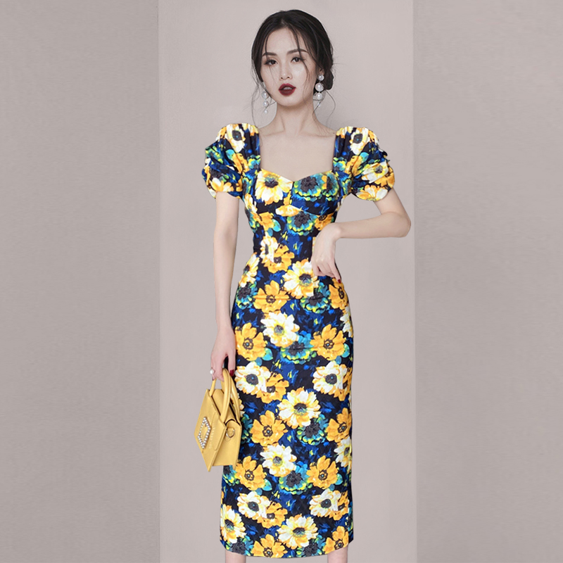 Korean style printing temperament long V-neck sexy dress