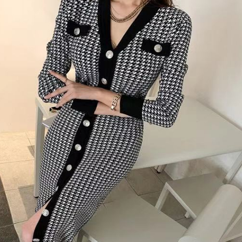 Fashion all-match houndstooth pattern dress for women