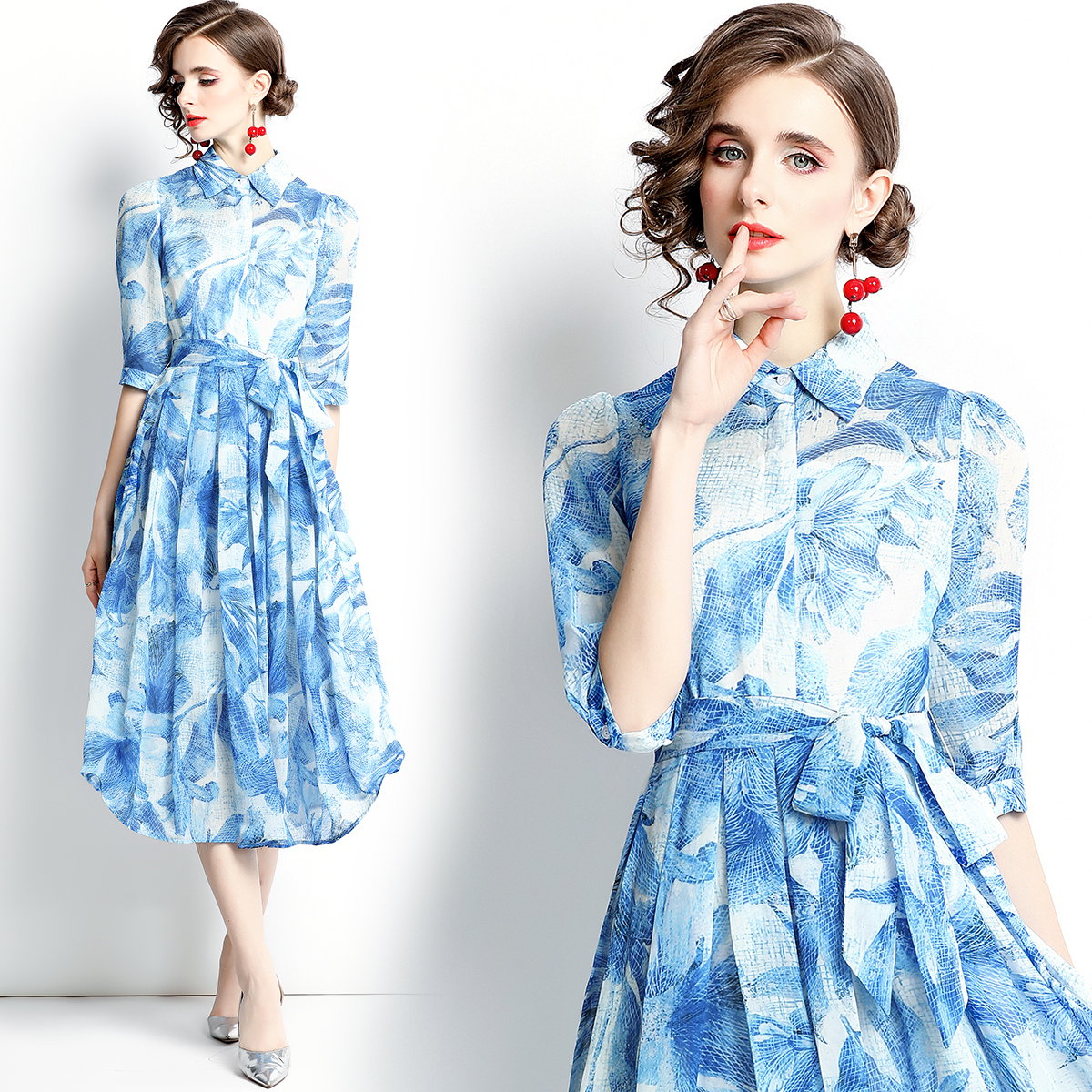 Blue autumn shirt printing dress
