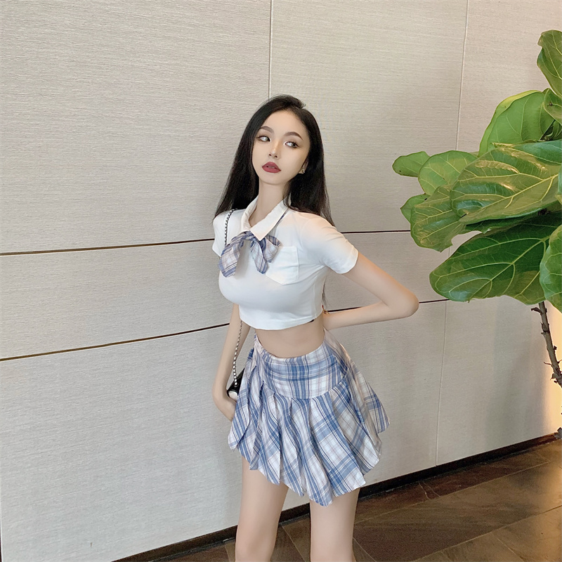 Bottoming lapel tops college style skirt 2pcs set