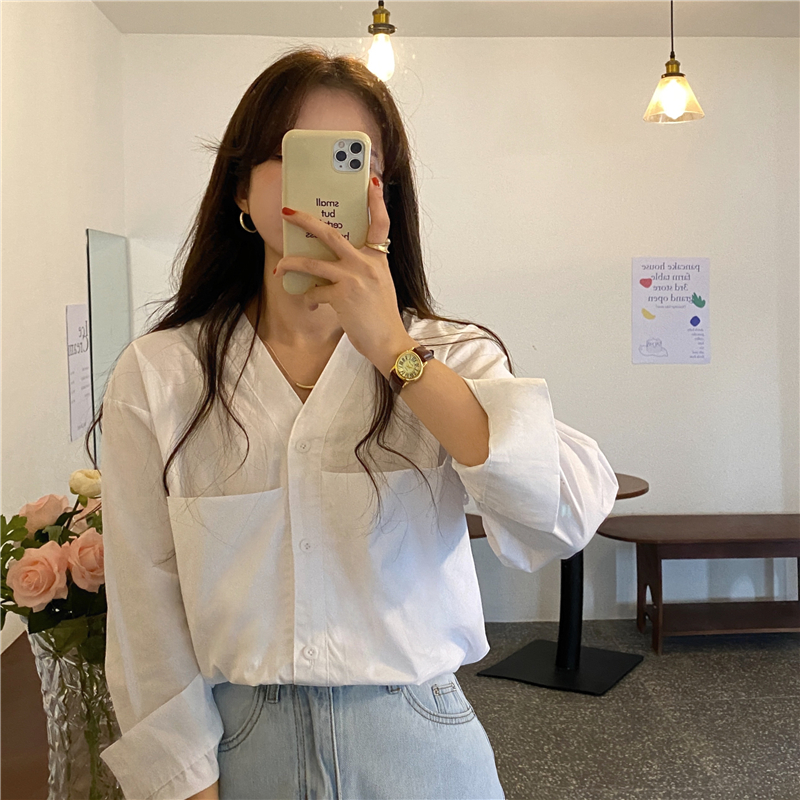 V-neck long sleeve Korean style shirt for women