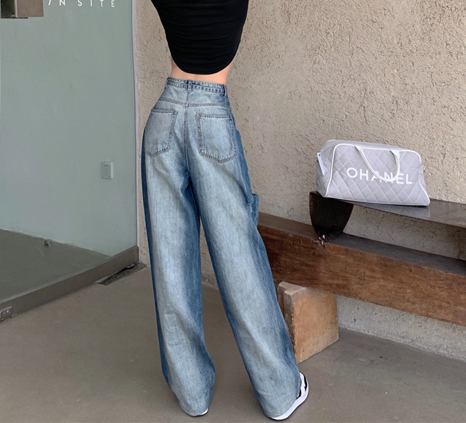 Holes retro gradient long pants fashion high waist jeans