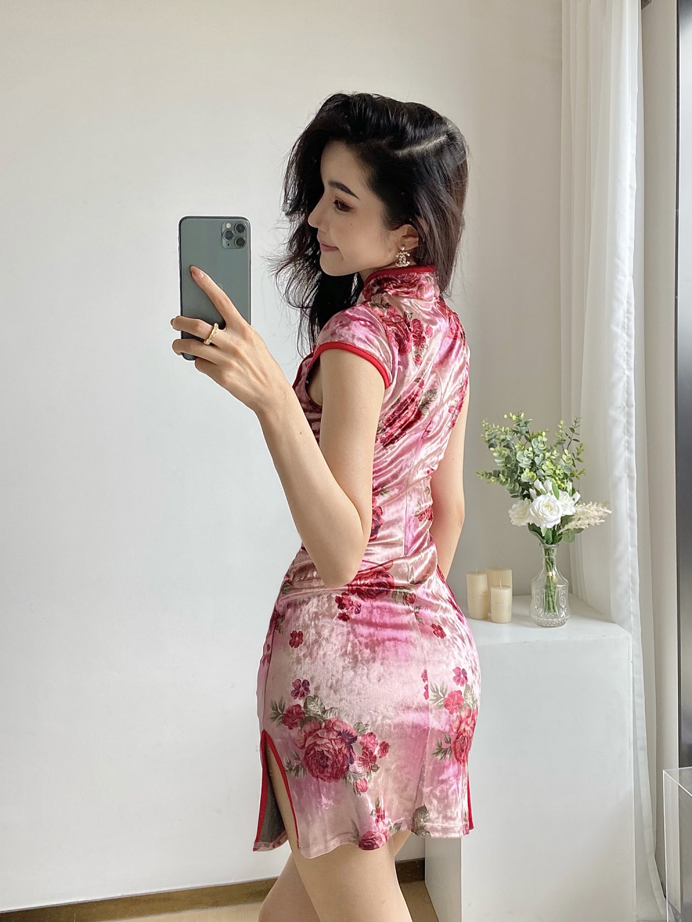 Velvet retro cheongsam maiden short sleeve dress
