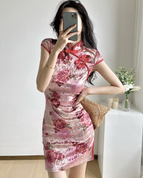 Velvet retro cheongsam maiden short sleeve dress