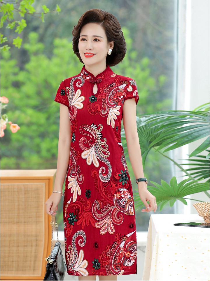 Middle-aged cheongsam short sleeve dress for women