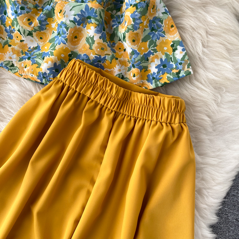 Summer pleated short tops floral light skirt 2pcs set for women