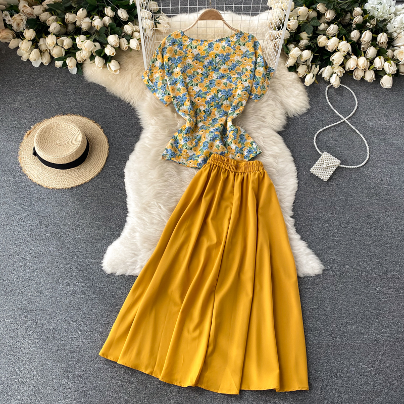 Summer pleated short tops floral light skirt 2pcs set for women