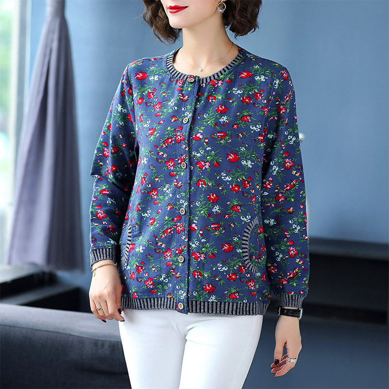 Floral round neck rib middle-aged pastoral style) jacket