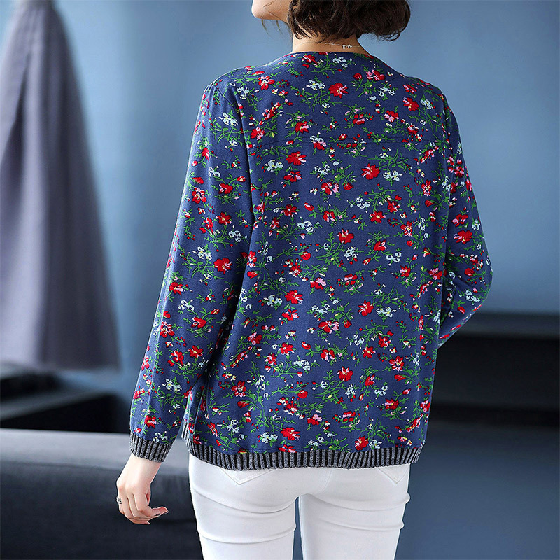 Floral round neck rib middle-aged pastoral style) jacket