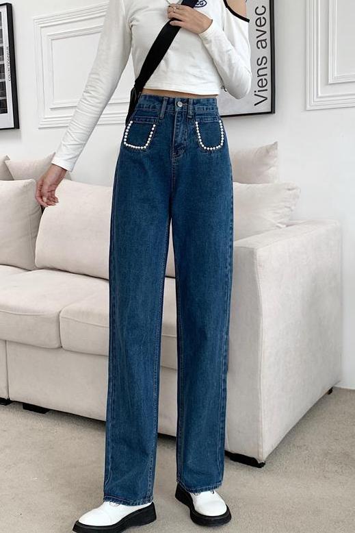 High waist straight pearl jeans loose autumn wide leg pants