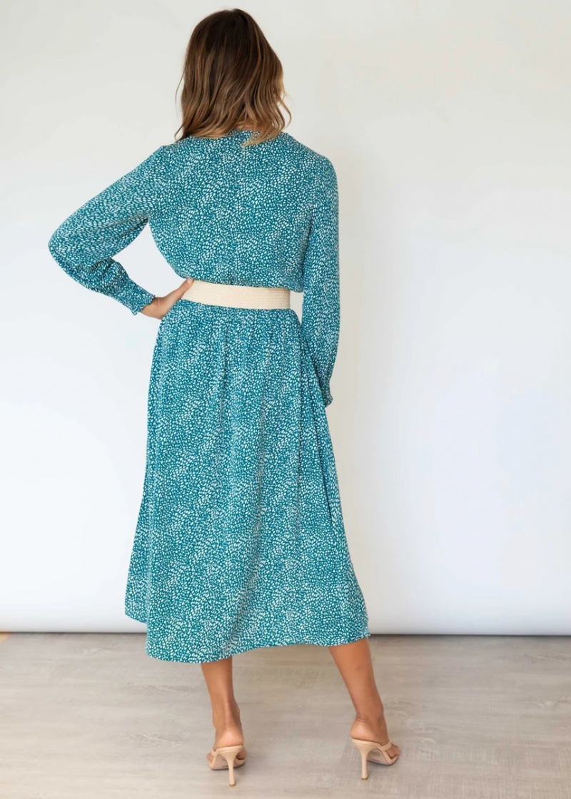 Printing autumn V-neck big skirt long sleeve dress