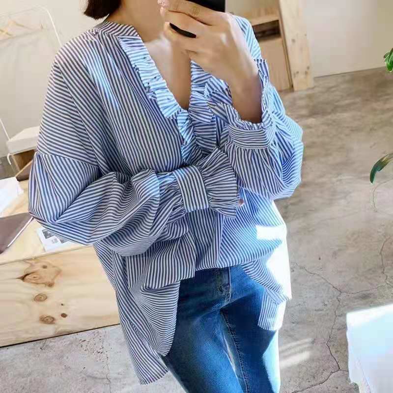 Stripe Casual loose slim long sleeve Korean style shirt