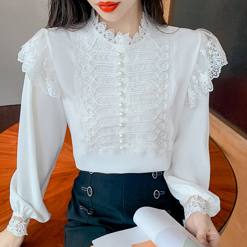 Chiffon splice autumn tops long sleeve lace shirt