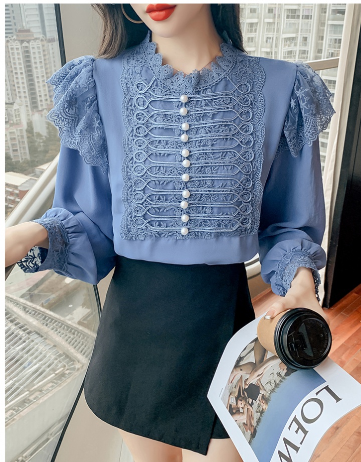 Chiffon splice autumn tops long sleeve lace shirt