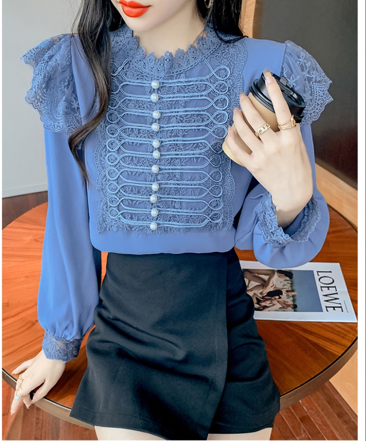 Chiffon splice autumn tops long sleeve lace shirt