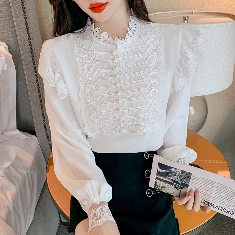 Chiffon splice autumn tops long sleeve lace shirt