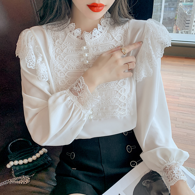 Chiffon splice autumn tops long sleeve lace shirt