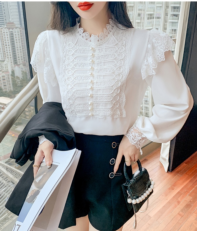 Chiffon splice autumn tops long sleeve lace shirt