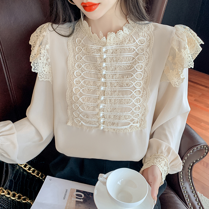 Chiffon splice autumn tops long sleeve lace shirt