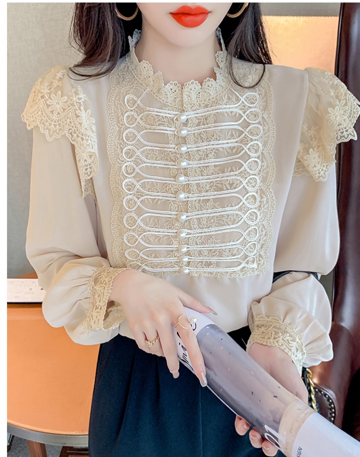 Chiffon splice autumn tops long sleeve lace shirt