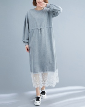 Splice long sleeve lace dress round neck loose hoodie