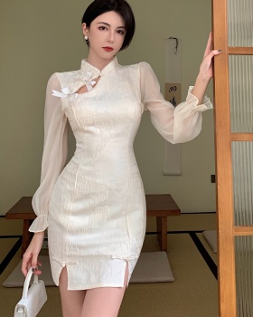 Long sleeve retro cheongsam jacquard slim dress