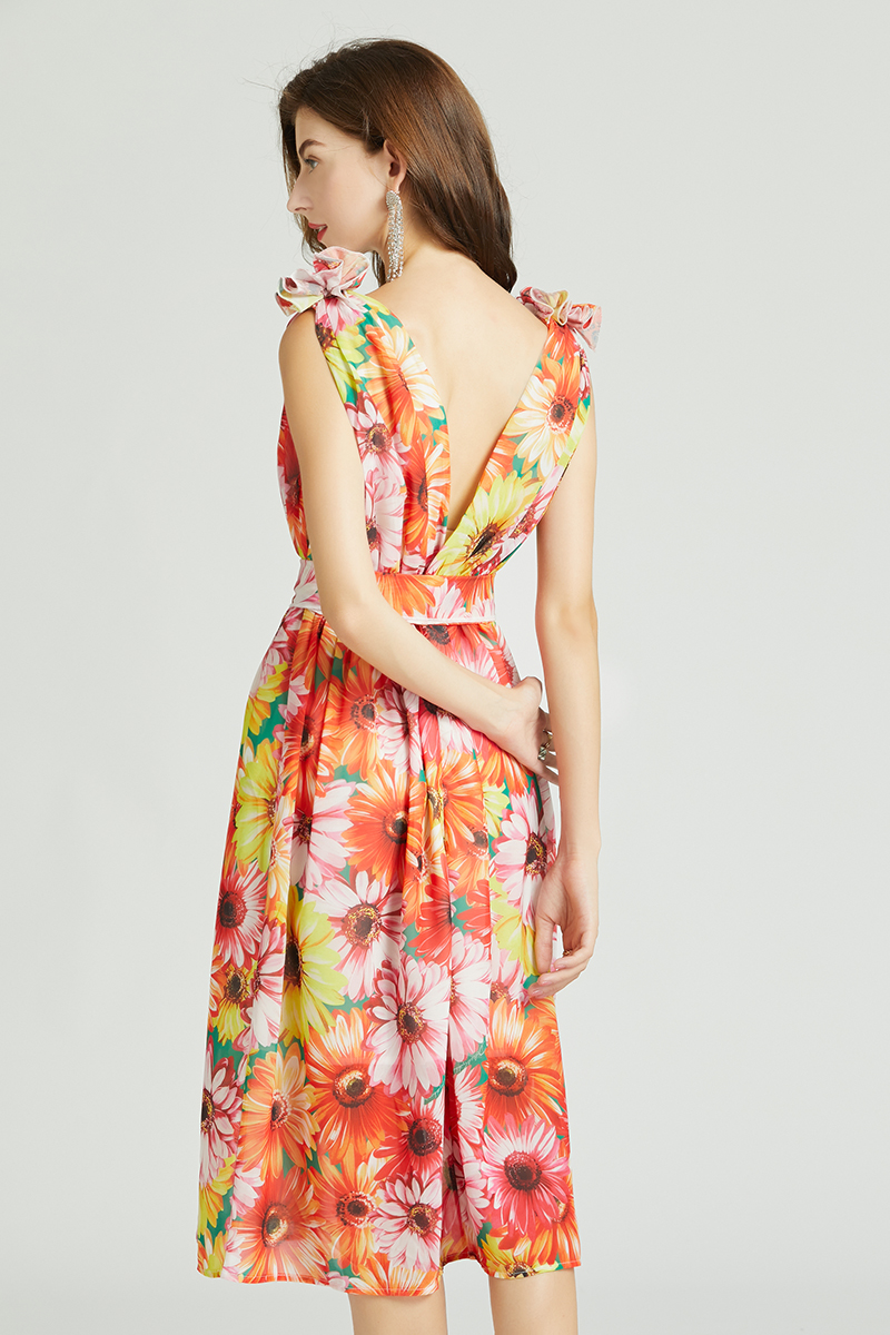 V-neck summer colors stereoscopic chiffon dress