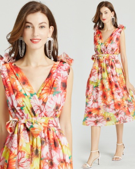 V-neck summer colors stereoscopic chiffon dress