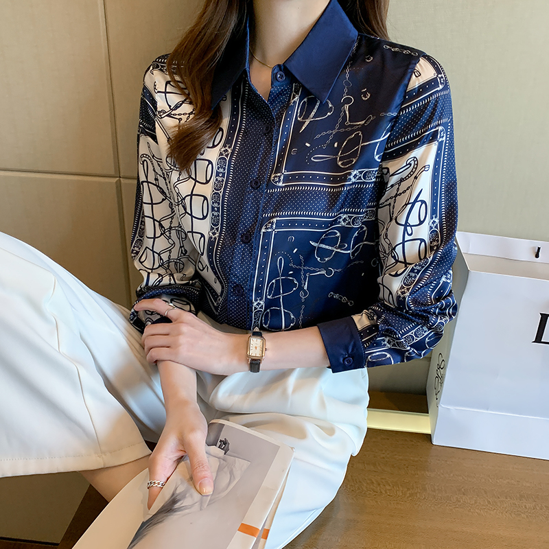 Autumn satin long sleeve retro printing shirt for women