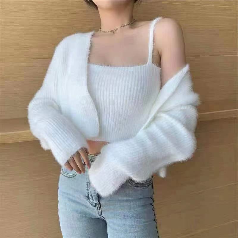 Korean style plush cardigan short vest 2pcs set
