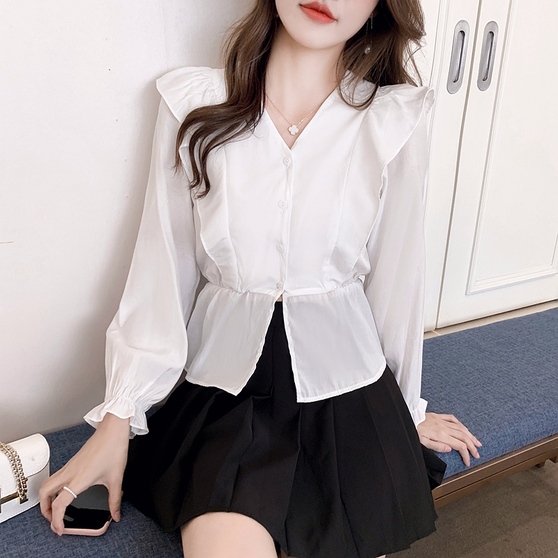 Pinched waist autumn shirt chiffon lace tops for women