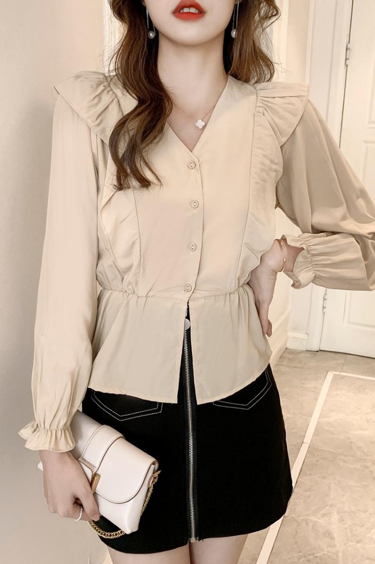 Pinched waist autumn shirt chiffon lace tops for women