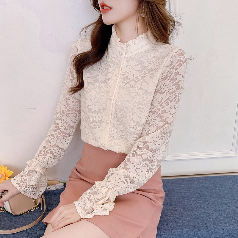 Sweet lace cstand collar long sleeve bottoming shirt