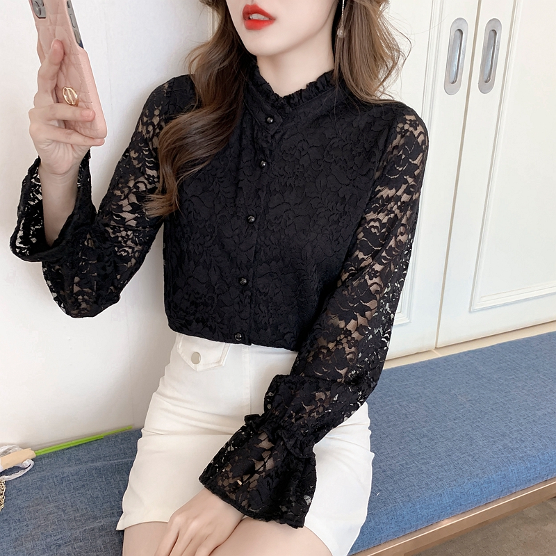 Sweet lace cstand collar long sleeve bottoming shirt