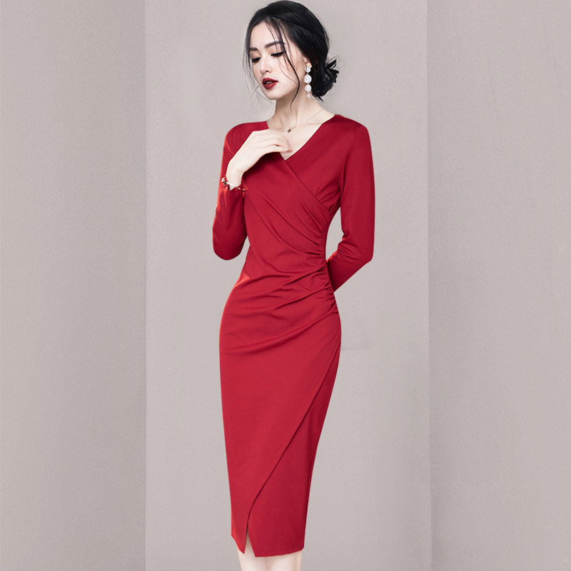 V-neck sexy elegant autumn and winter Korean style dress