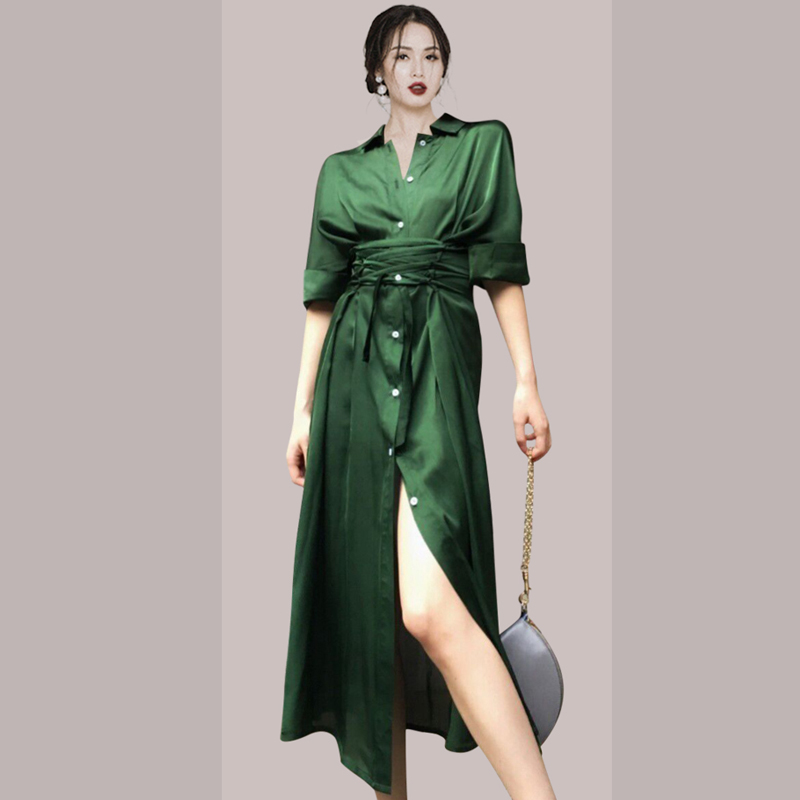 Autumn imitation silk dress retro slim shirt for women